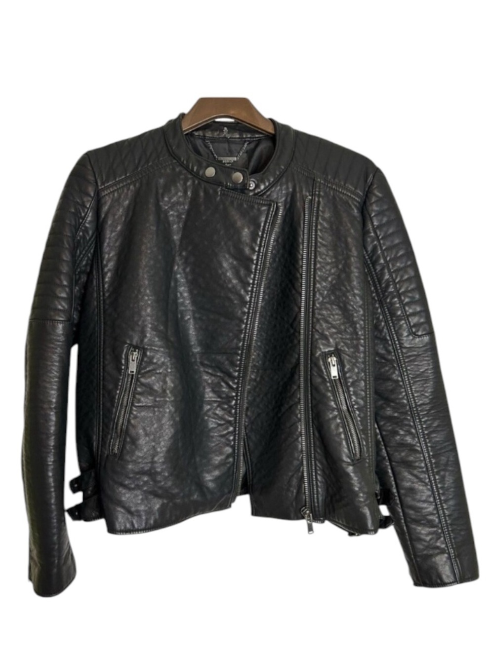 MNG Mango Faux Leather Moto Jacket Women’s Large Black Racer Biker Punk Grunge